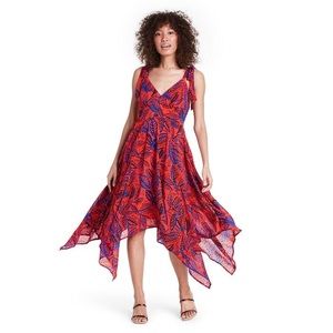 ALEXIS x Target Red & Blue Tropical Leaf Tie Strap Asymmetrical Flowy Midi Dress